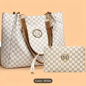 Chic White Monogram Tote and Pouch